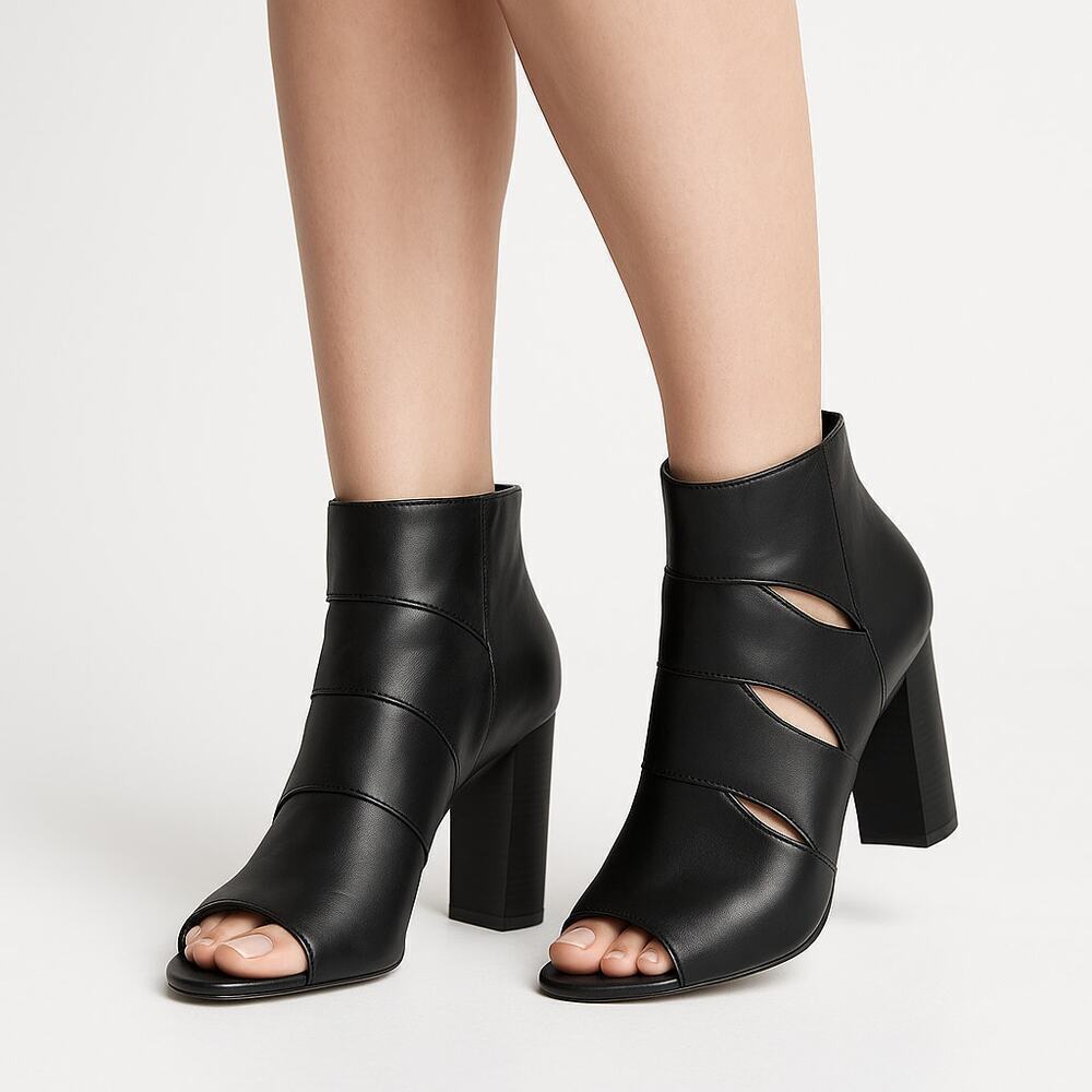 Adrienne Vittadini Black Cutout Peep-Toe Heels 9.5M Leather High Heel Dressy